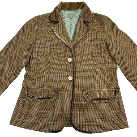 J. Jill Wool Blend Plaid Tweed Blazer w Velvet Trim Y2K Academia Preppy Sz 8 - Picture 10 of 16